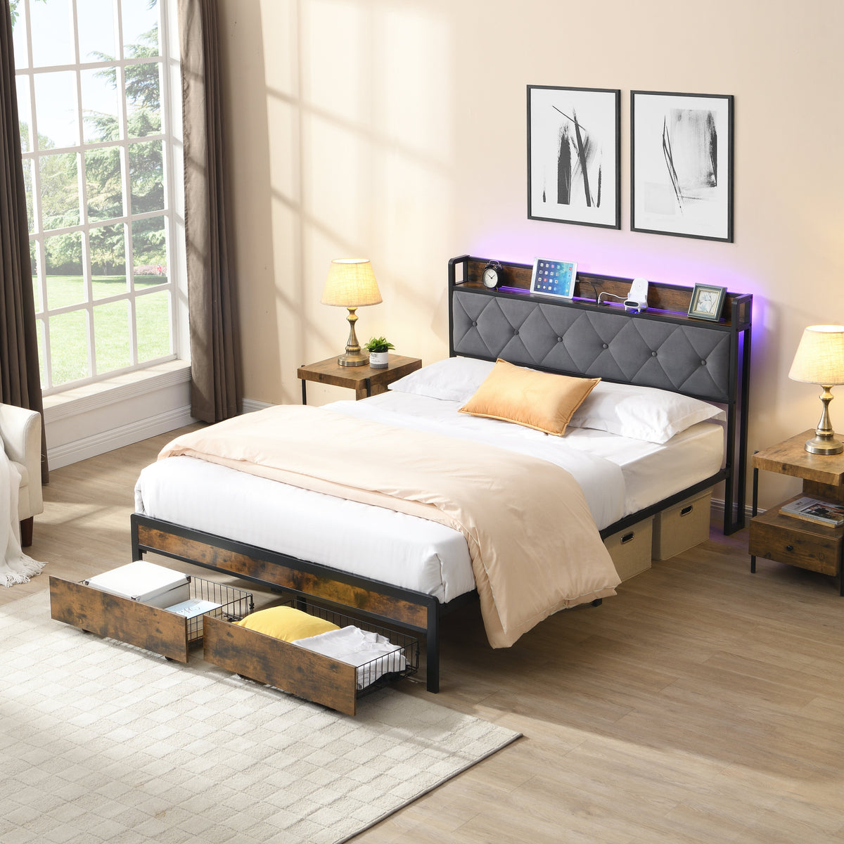 King Bed Frame with Storage and LED Lights