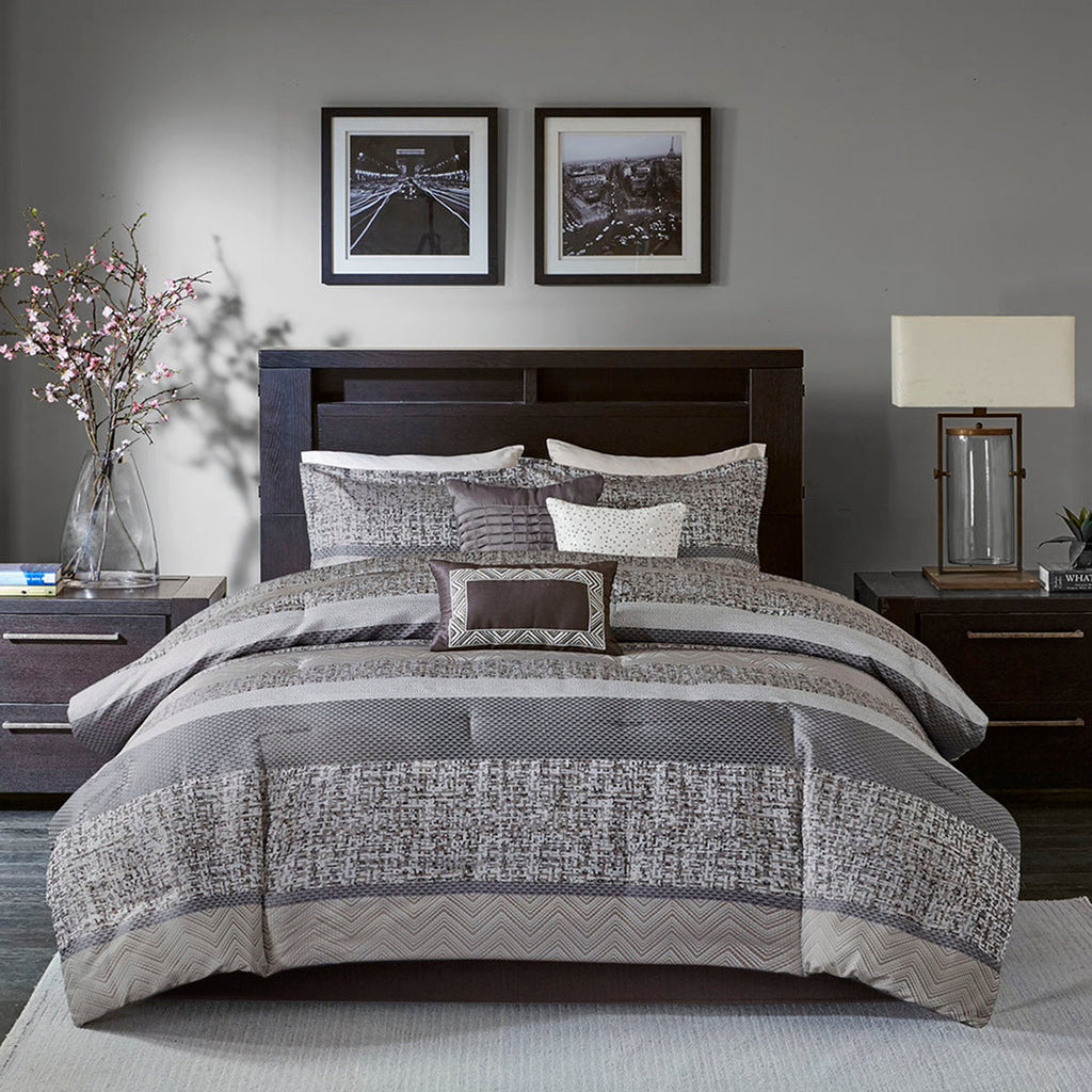 7 Piece Jacquard Comforter Set - Grey/Taupe - Queen