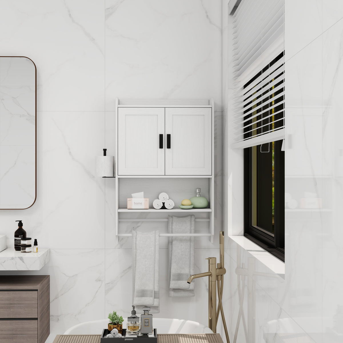 Bathroom Wall Cabinet with Doors, Adjustable Shelf, Towel Bar and Paper Holder
