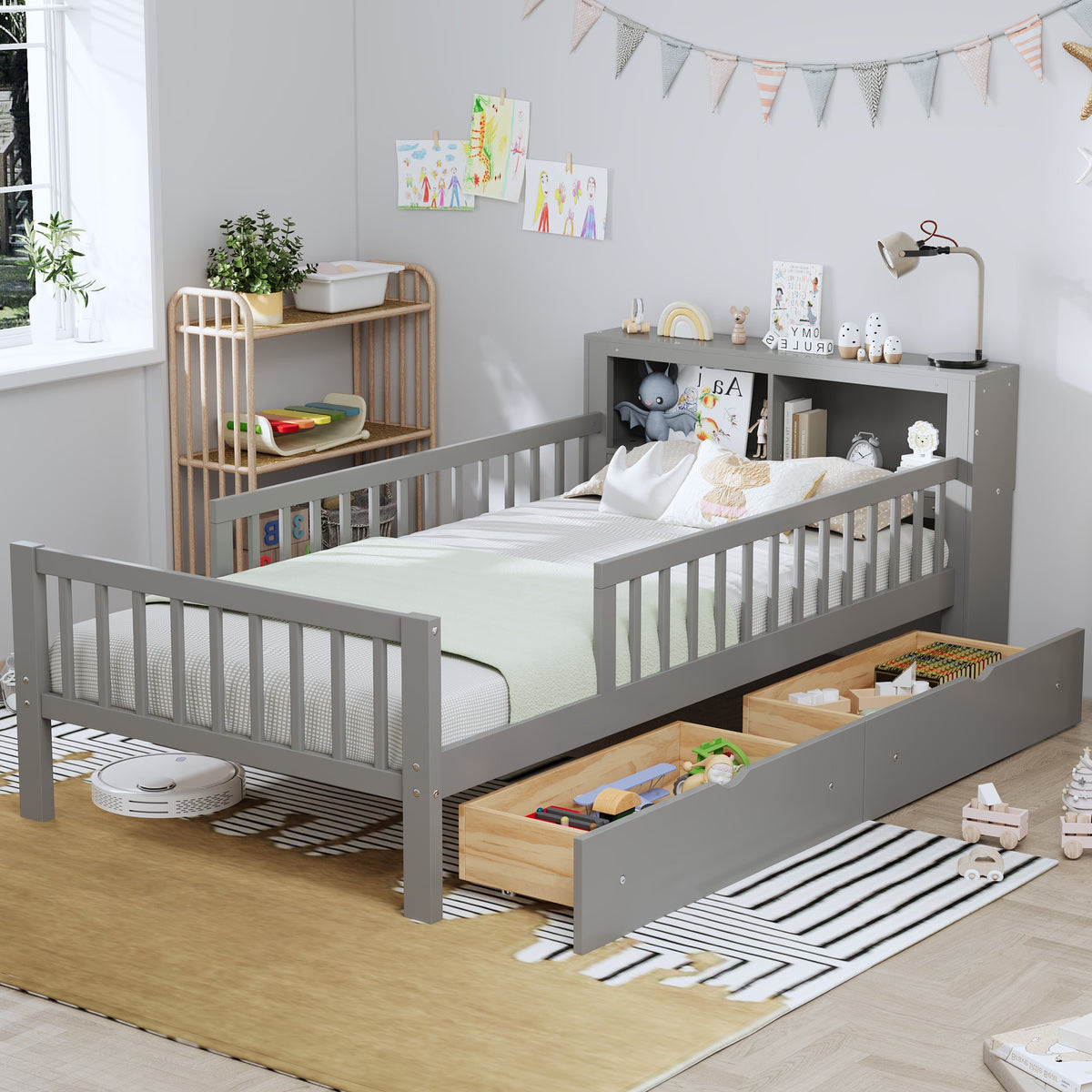 Twin Size Bed with Headboard Storage Rack and Under-Bed Drawers