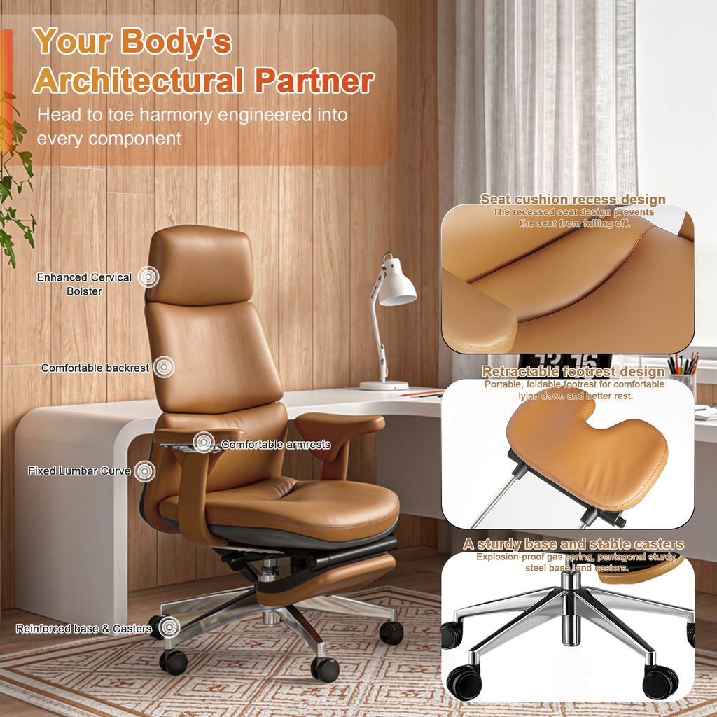 Genuine Leather Office Chair with Flexible Footrest