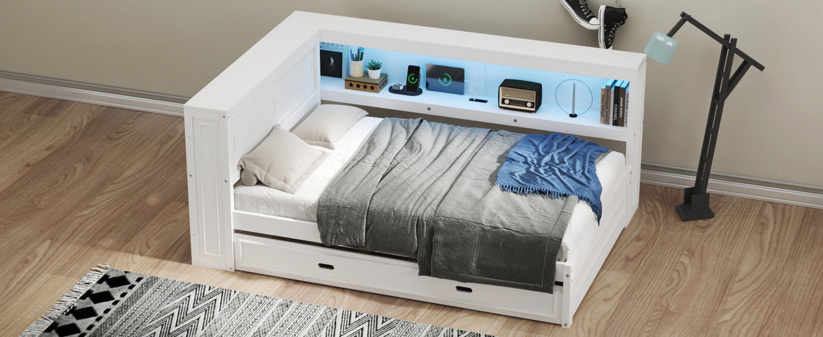 Full Size Wood Daybed with Storage Shelves, USB, LED, and Trundle