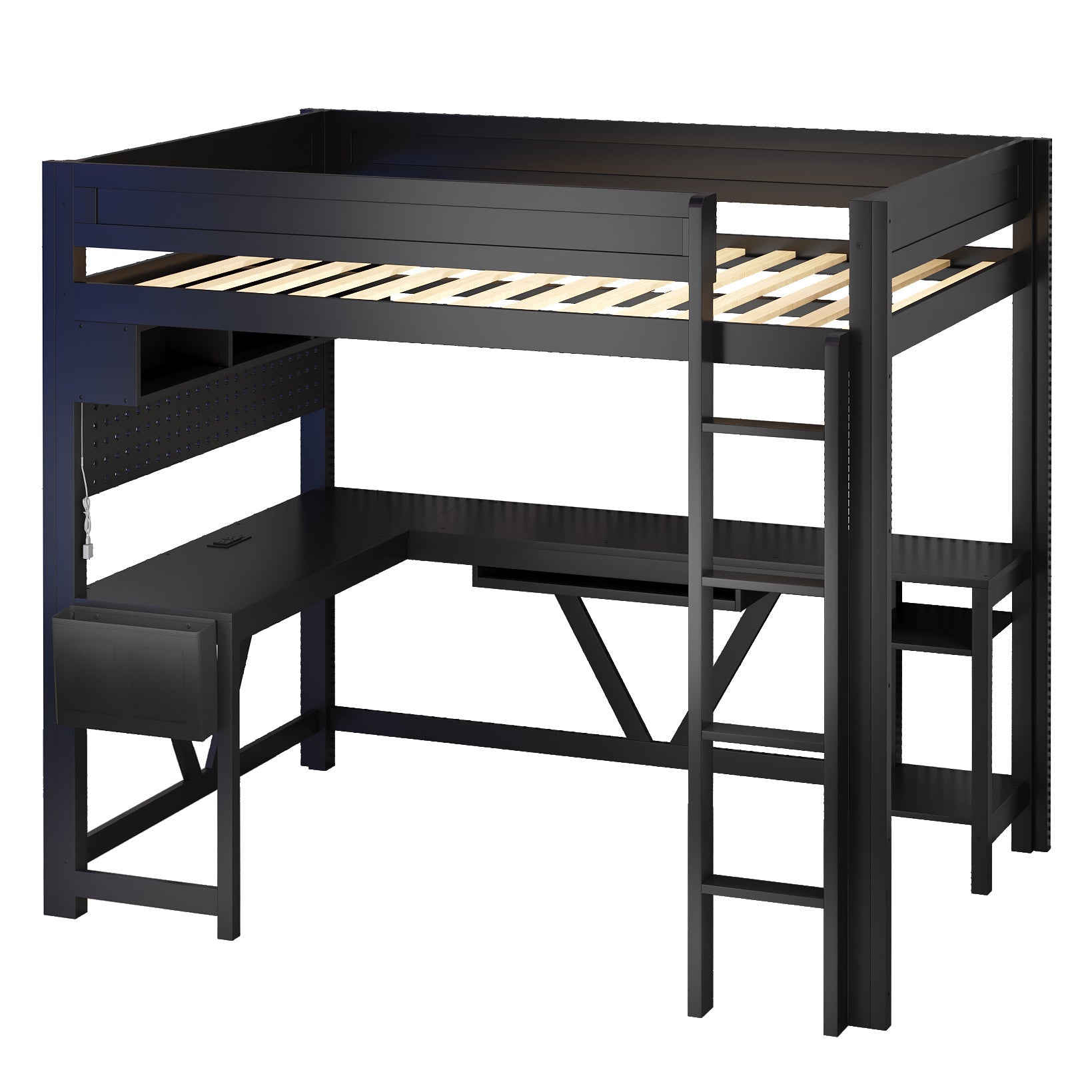 Wood Full Size Gaming Loft Bed with Desk, Storage Shelves, LED and Charging Station