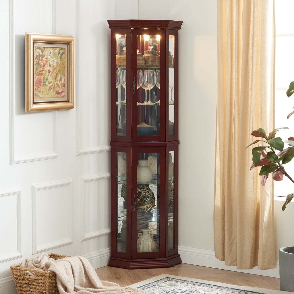 Corner Curio Cabinet with Lights and Adjustable Tempered Glass Shelves