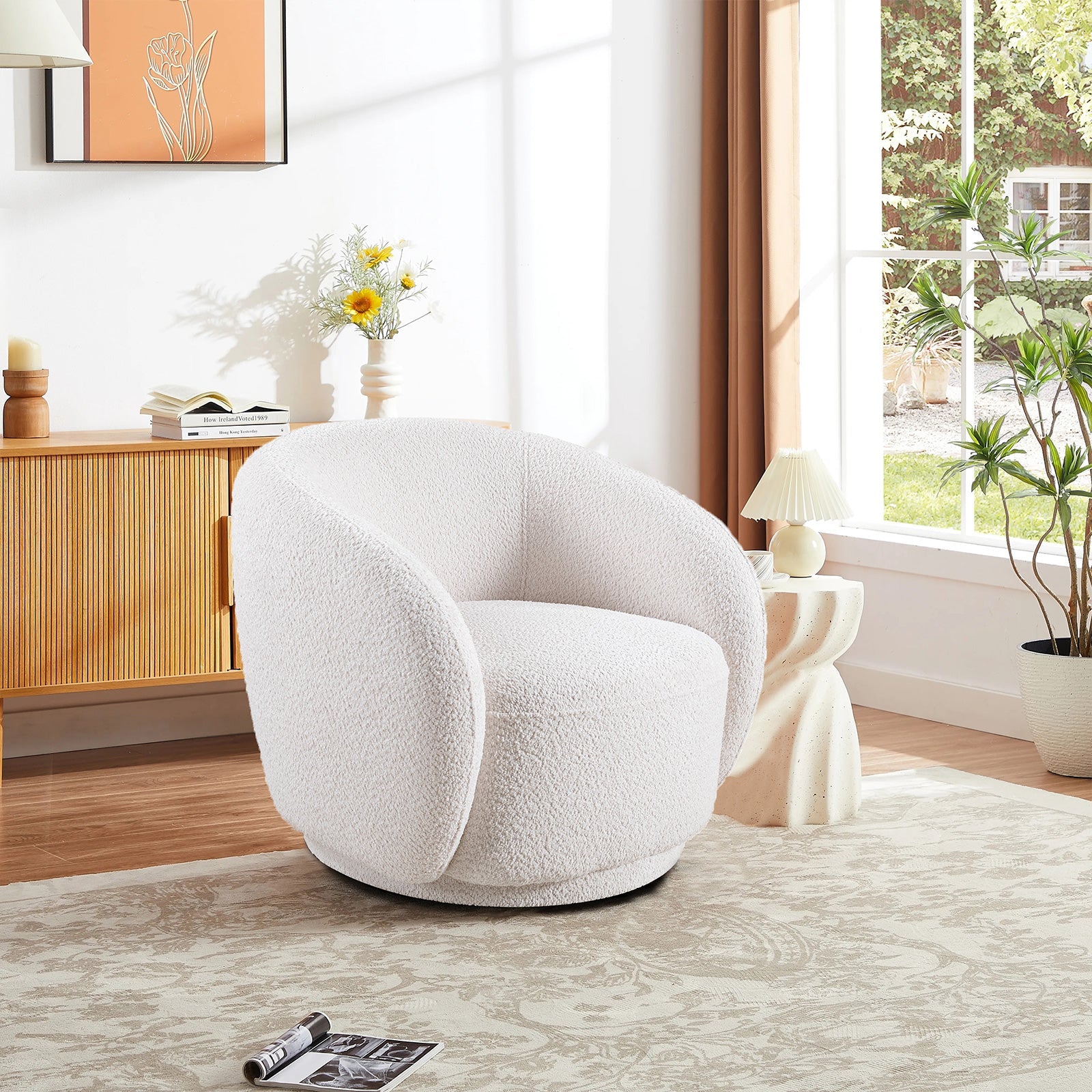 Swivel Accent Chair in Boucle Fabric Upholstered Barrel Chair