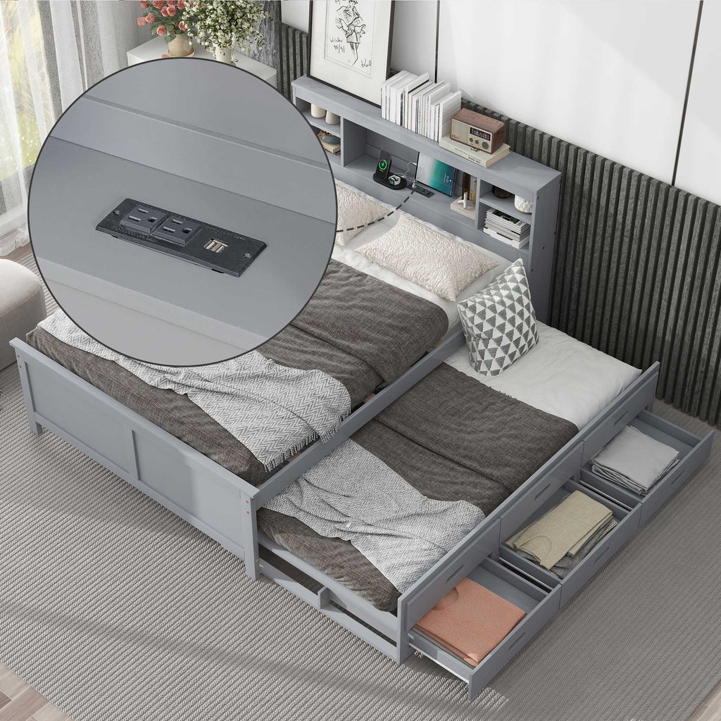 Full Size Platform Bed with Storage Headboard, USB, Twin Size Trundle and 3 Drawers
