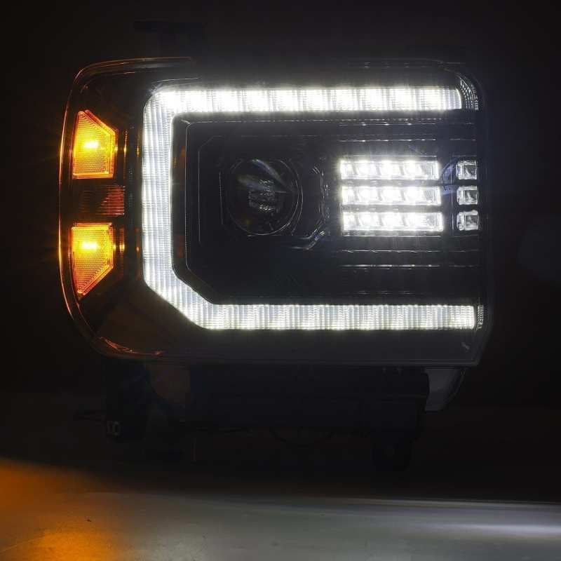 AlphaRex 14-18 GMC Sierra LUXX LED Proj Headlights Plnk Style Alpha Blk w/Activ Light/Seq Signal/DRL 880614 *Discontinued