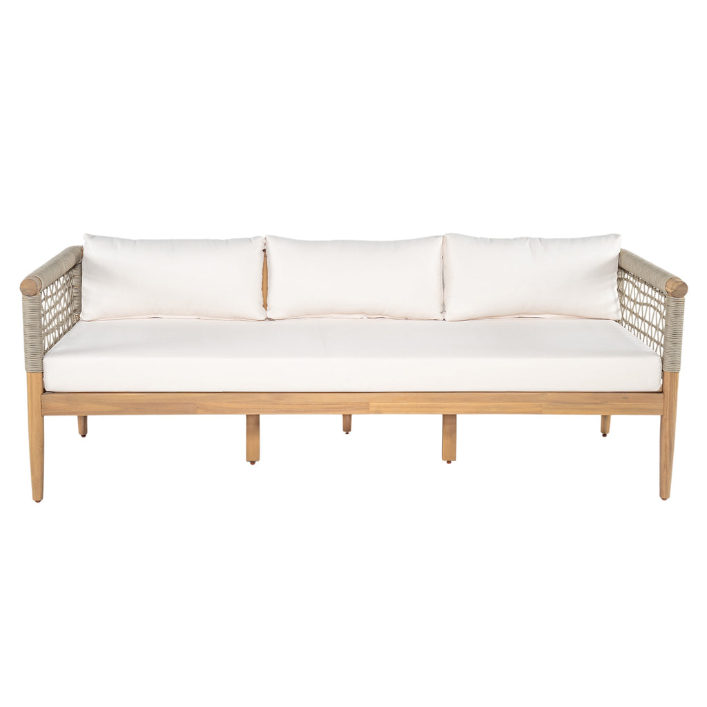 Outdoor Acacia Wood 3-Seater Sofa with Rope Woven Arms