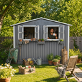 9x6 FT Outdoor Metal Storage Shed with Window & Flower Rack