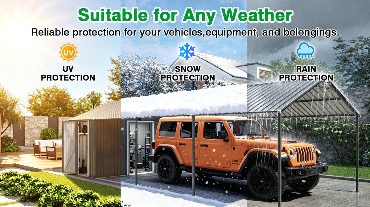 12x25 FT Galvanized Steel Carport with Car Shelter & Storage Shed