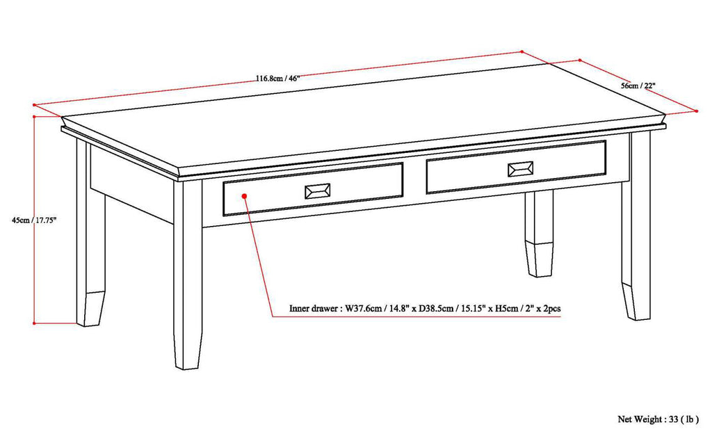 Artisan 46 Inch Wide Solid Wood Coffee Table in Russet