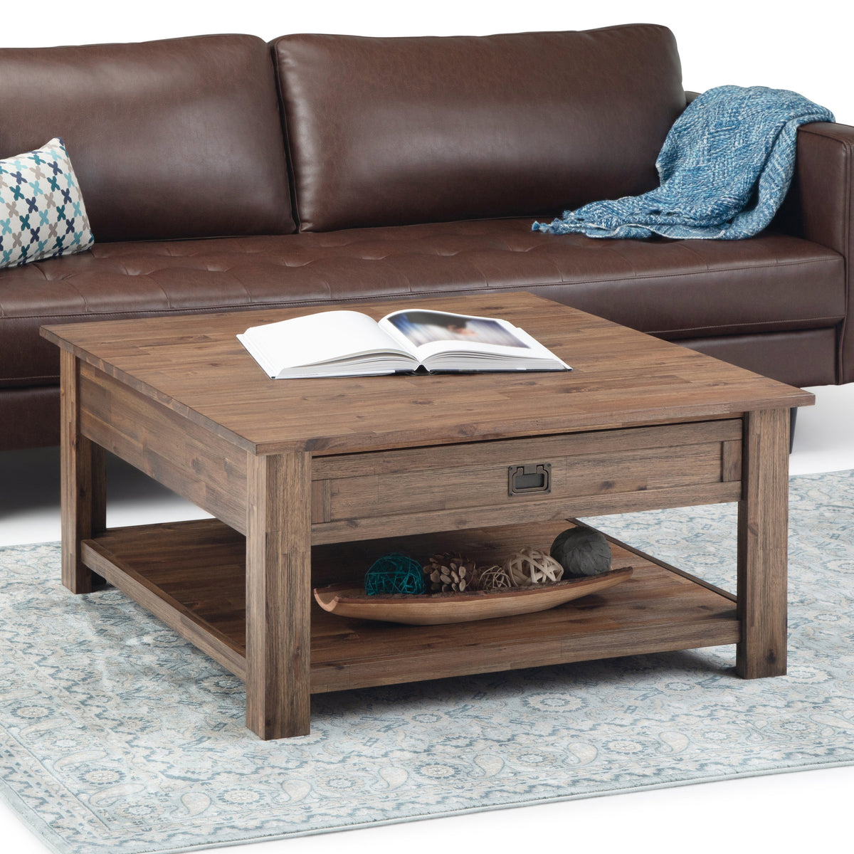 Monroe 38 Inch Wide Solid Acacia Wood Square Coffee Table in Rustic