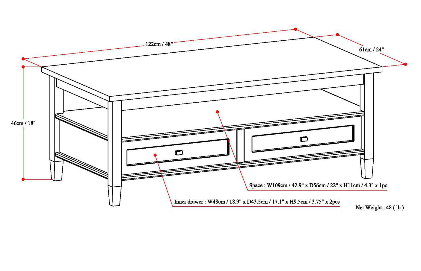 Warm Shaker Solid Wood 48 Inch Wide Transitional Coffee Table
