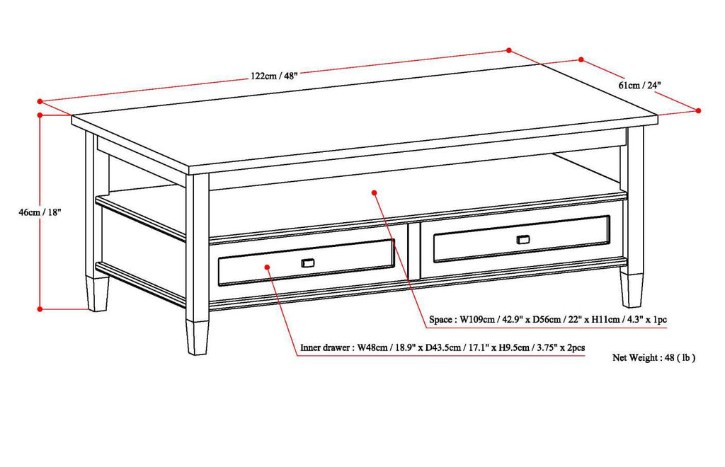 Warm Shaker Solid Wood 48 Inch Wide Transitional Coffee Table