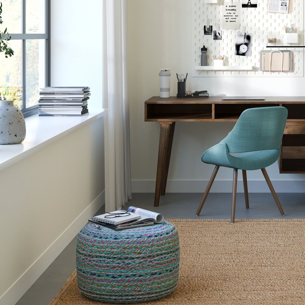 Margo 20 Inch Wide Round Pouf in Multi-Green Handwoven Jute and Cotton