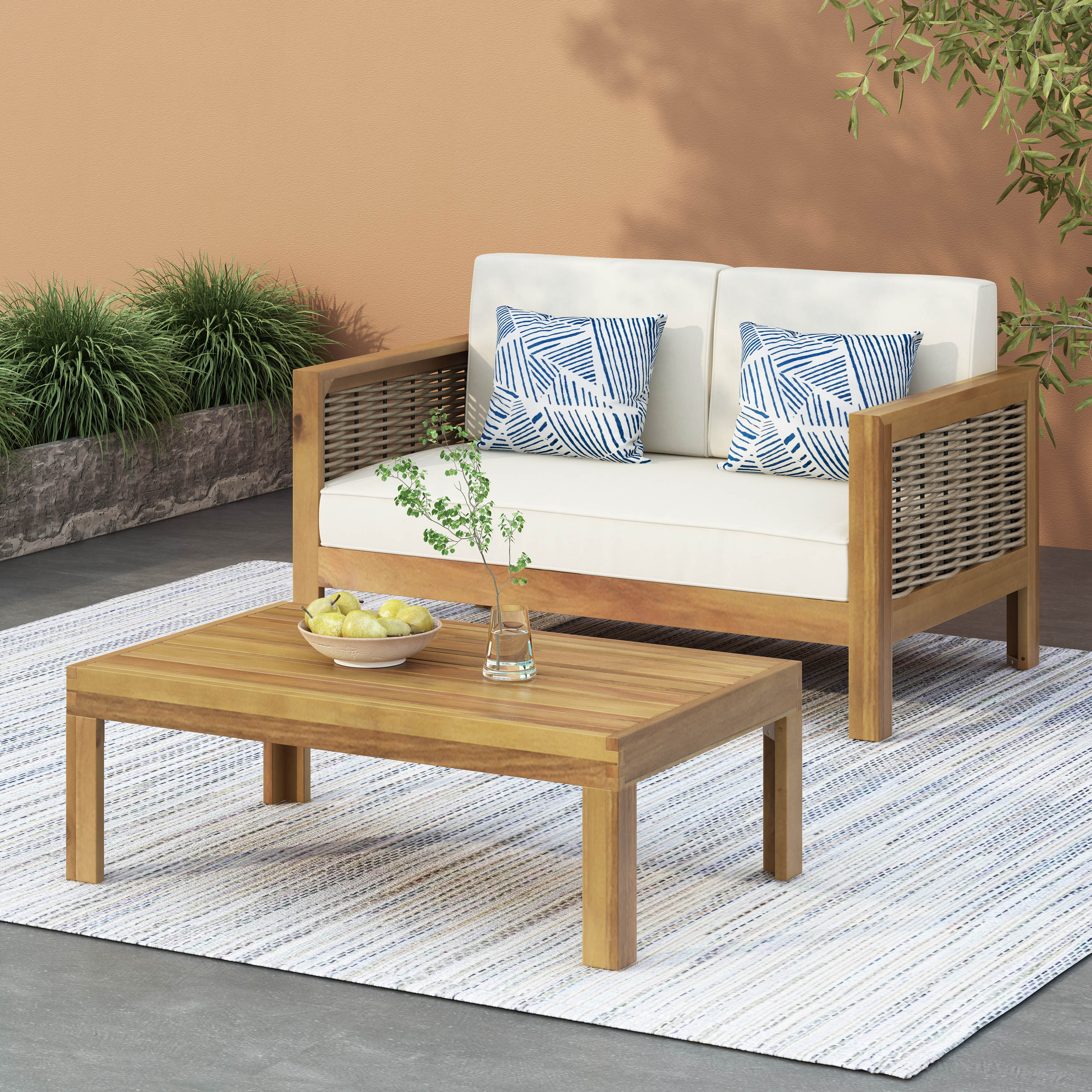 Outdoor Acacia Wood and Wicker Loveseat and Coffee Table Set with Cushions
