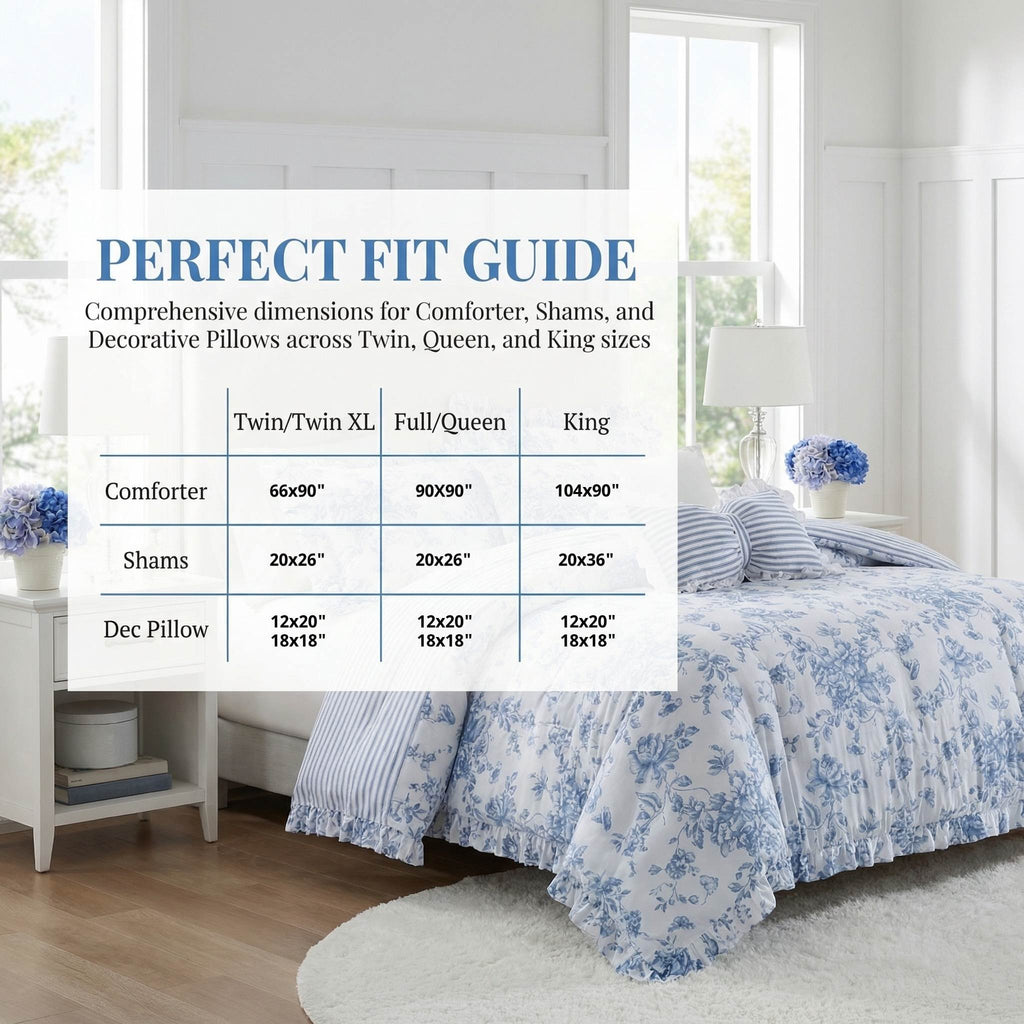 Romantic Blue Floral Reversible Comforter Set with Ruffled Pillows