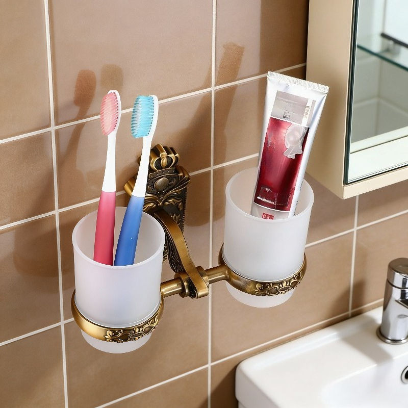 Modern Minimalist Wall-Mounted Double Cup Toothbrush Holder with Glass Base
