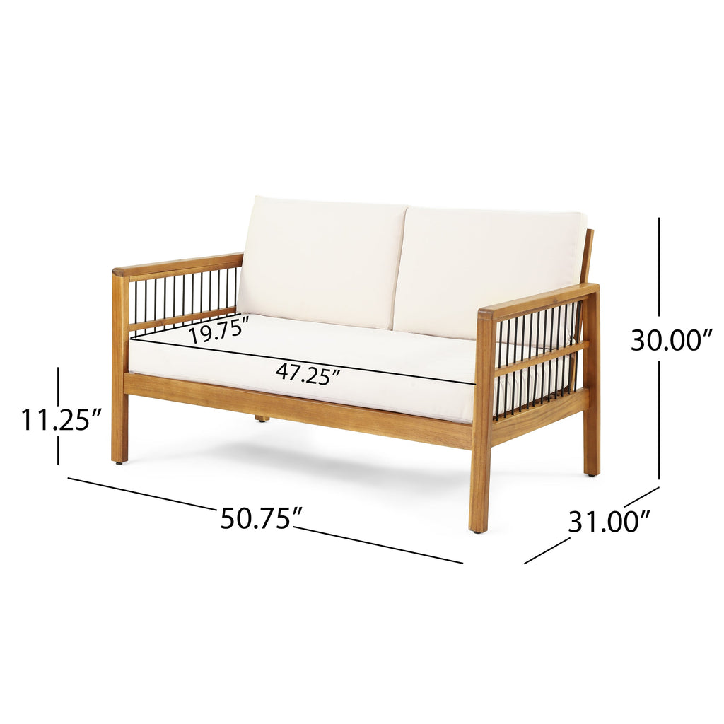 Outdoor Acacia Wood and Iron Loveseat and Coffee Table Set