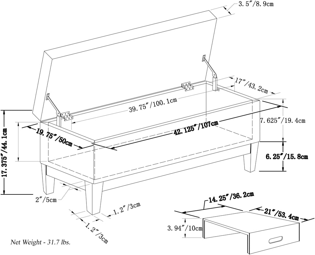 Oregon 42 Inch Wide Storage Ottoman Bench with Tray in Tanners