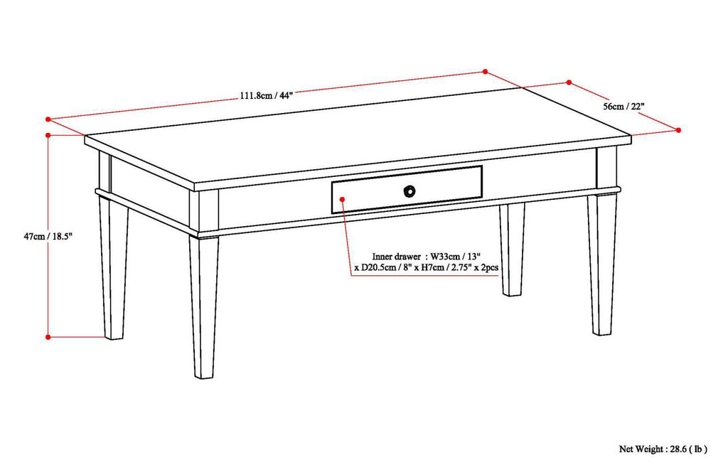 Carlton 44 Inch Wide Solid Wood Coffee Table in Brunette