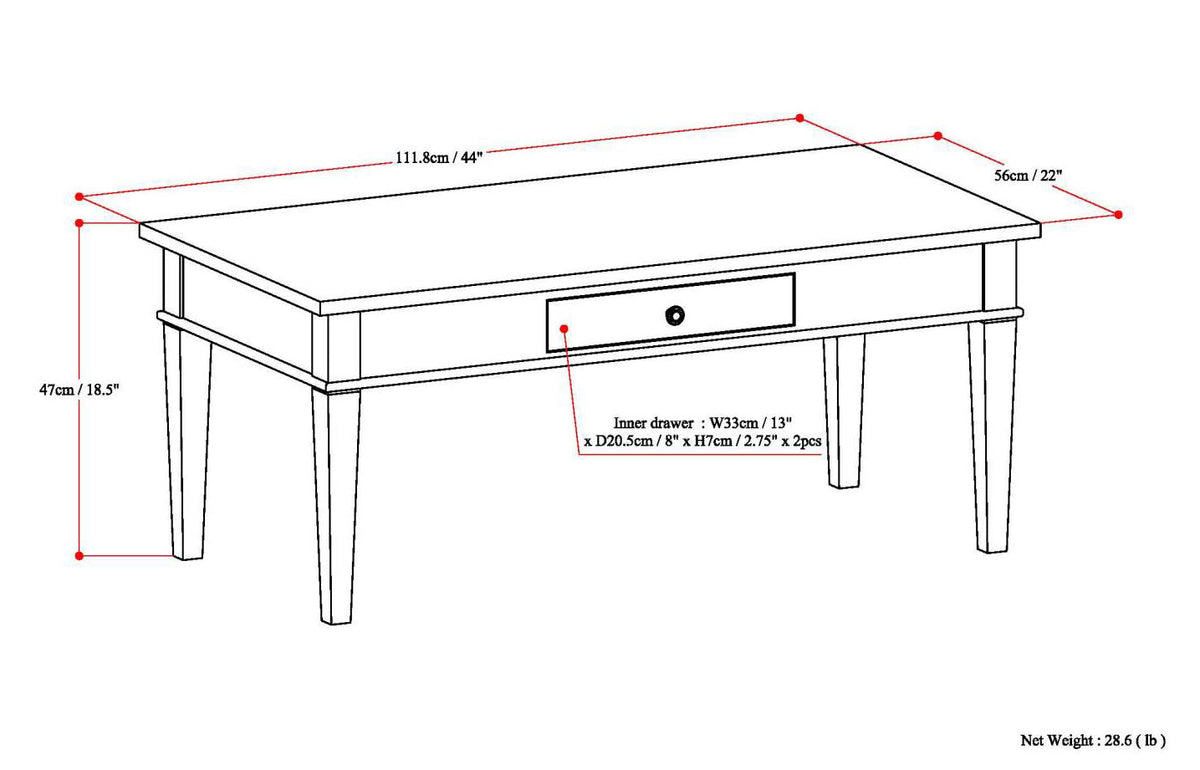 Carlton 44 Inch Wide Solid Wood Coffee Table in Brunette