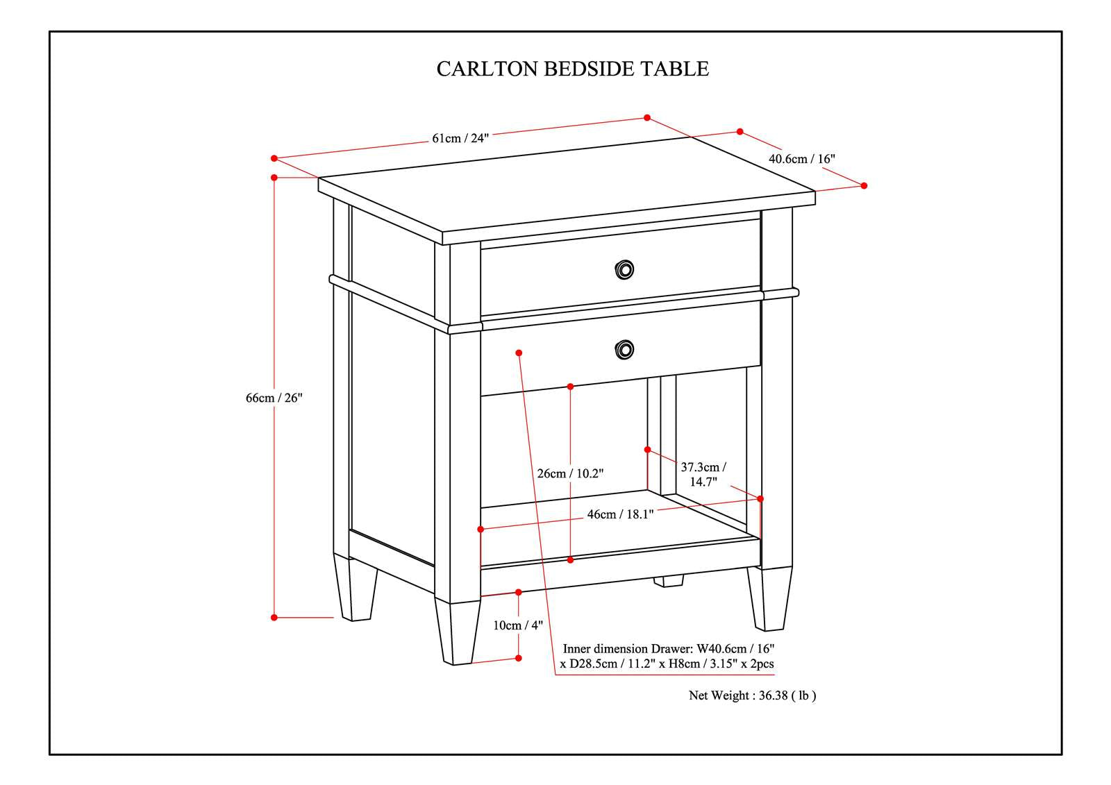 Carlton 24 Inch Wide Solid Wood Bedside Table
