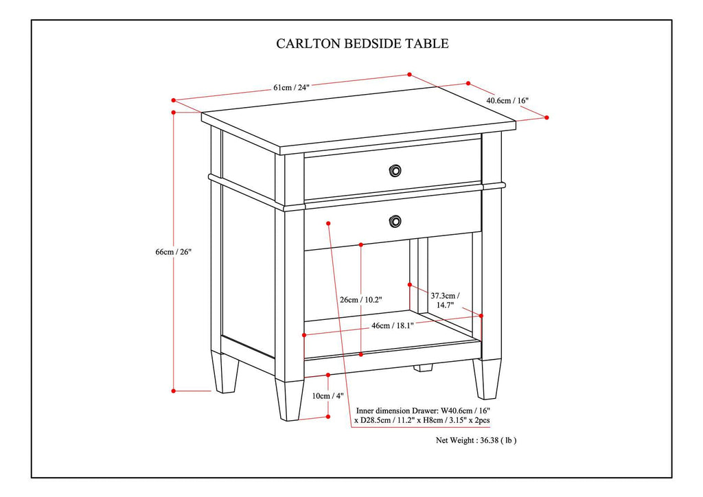 Carlton 24 Inch Wide Solid Wood Bedside Table in Brunette