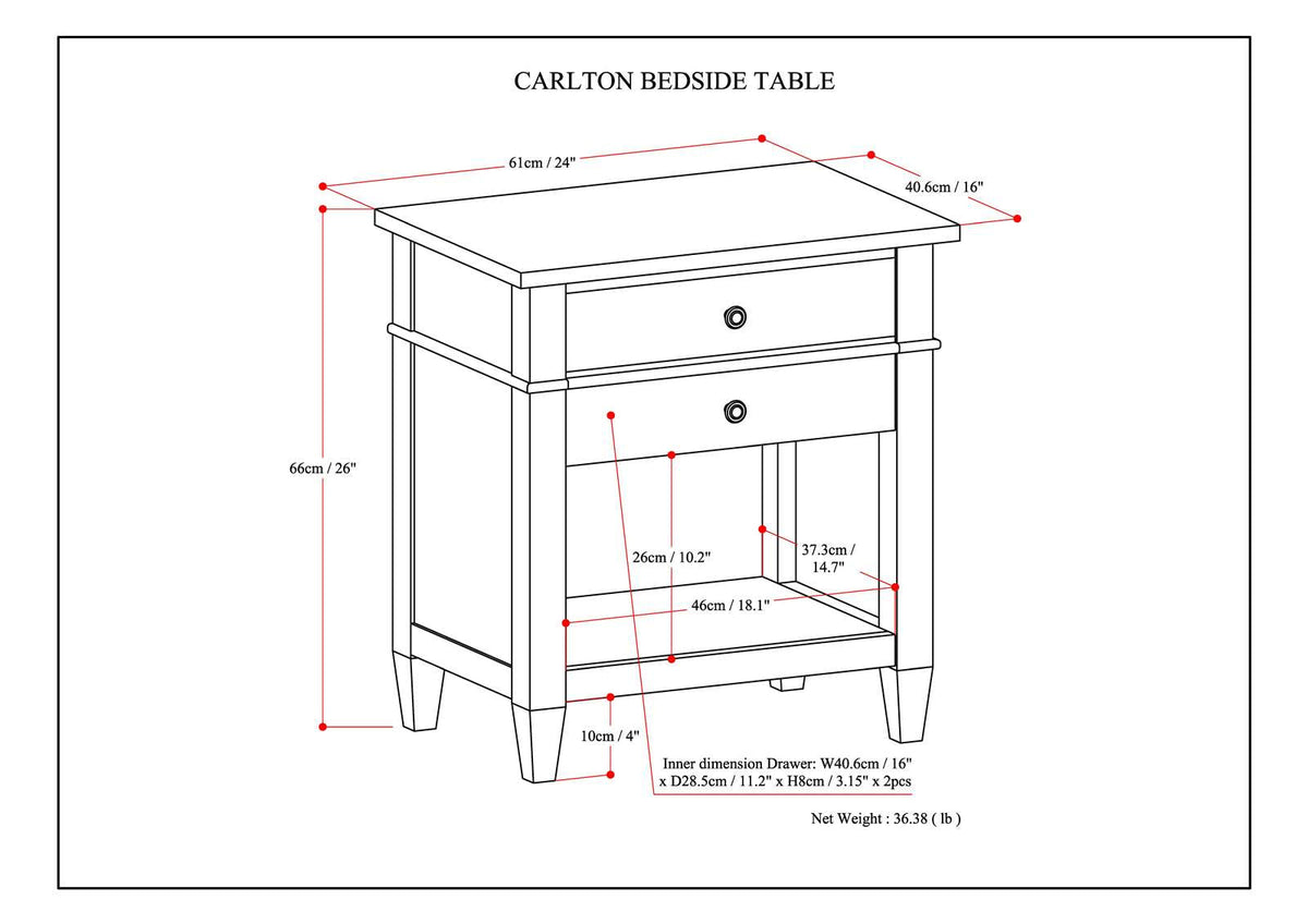 Carlton 24 Inch Wide Solid Wood Bedside Table in Brunette