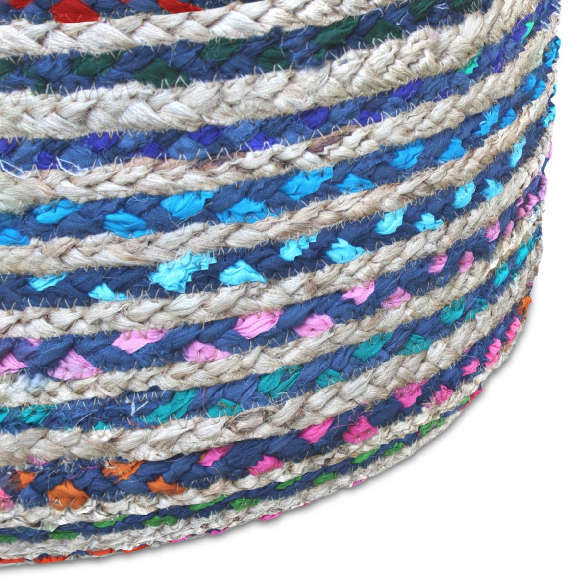 Margo 20 Inch Wide Round Pouf in Multi-Blue Handwoven Jute and Cotton