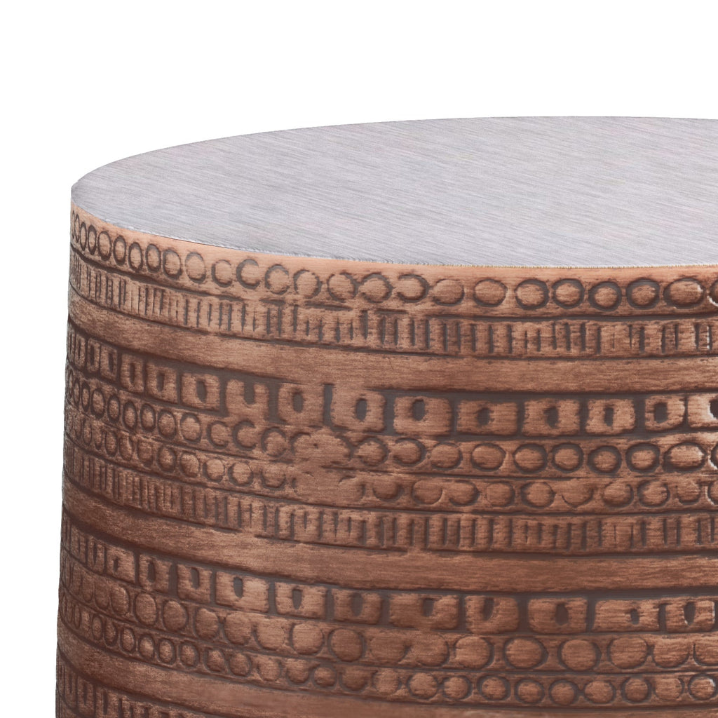 Johnsen 15 Inch Wide Tribal Pattern Metal Accent Table in Antique Cooper