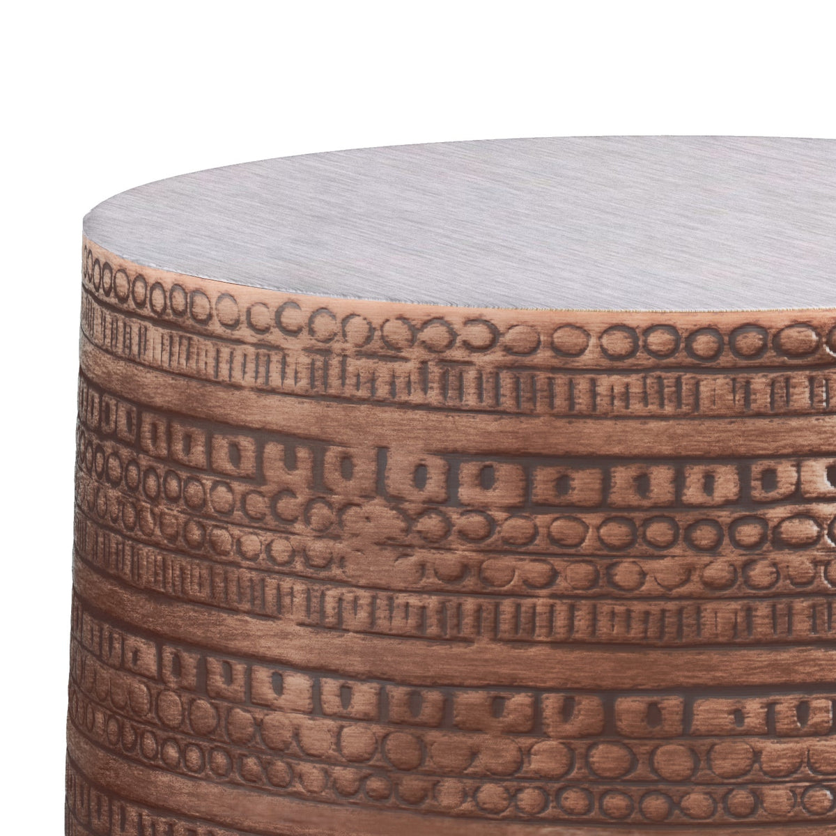 Johnsen 15 Inch Wide Tribal Pattern Metal Accent Table in Antique Cooper