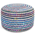 Margo 20 Inch Wide Round Pouf in Multi-Blue Handwoven Jute and Cotton