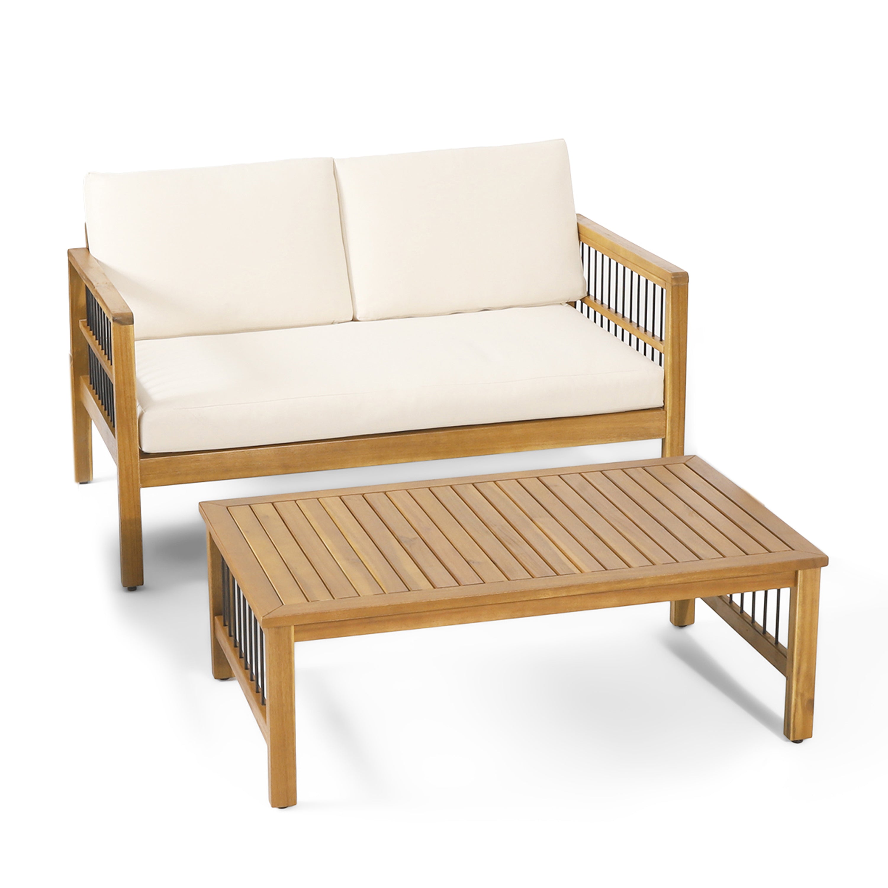 Outdoor Acacia Wood and Iron Loveseat and Coffee Table Set