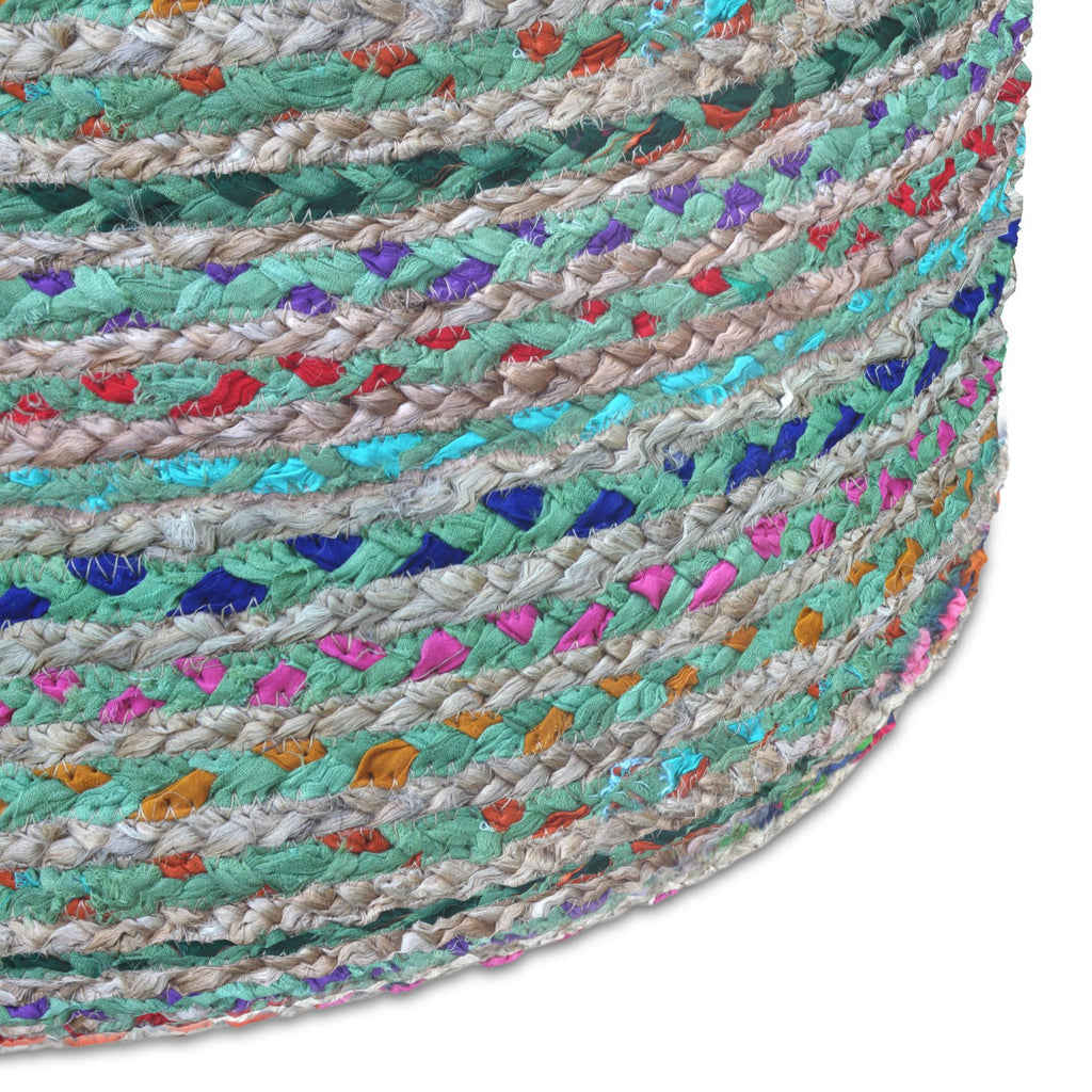 Margo 20 Inch Wide Round Pouf in Multi-Green Handwoven Jute and Cotton