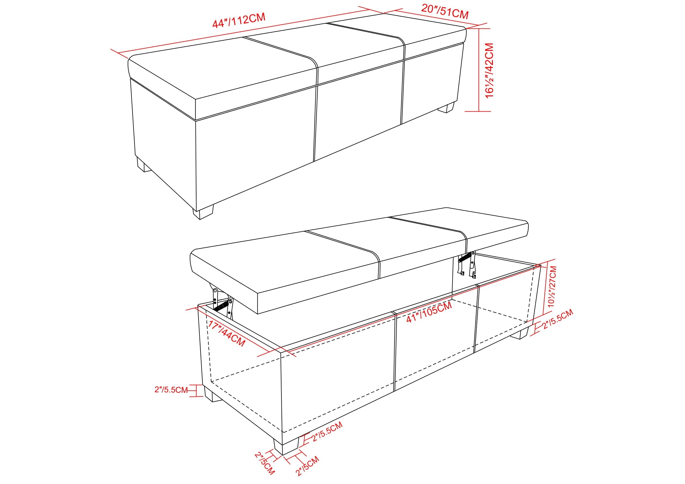 Avalon 44 Inch Wide Lift Top Rectangular Storage Ottoman in Tanners