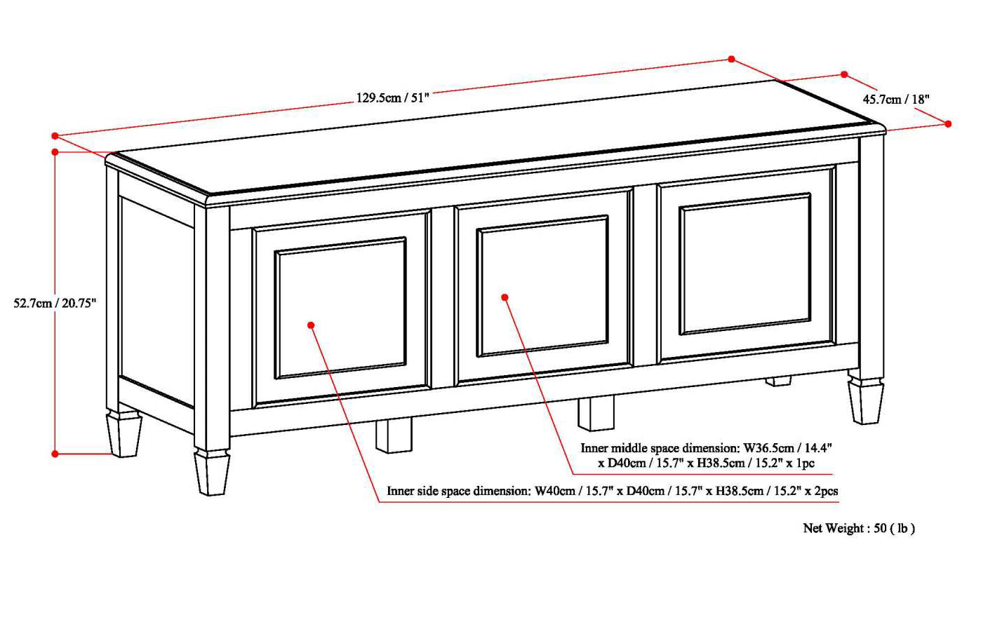 Connaught 51 Inch Wide Solid Wood Storage Bench Trunk in Antique