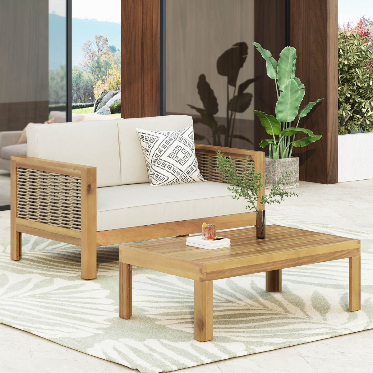 Outdoor Acacia Wood and Wicker Loveseat and Coffee Table Set with Cushions