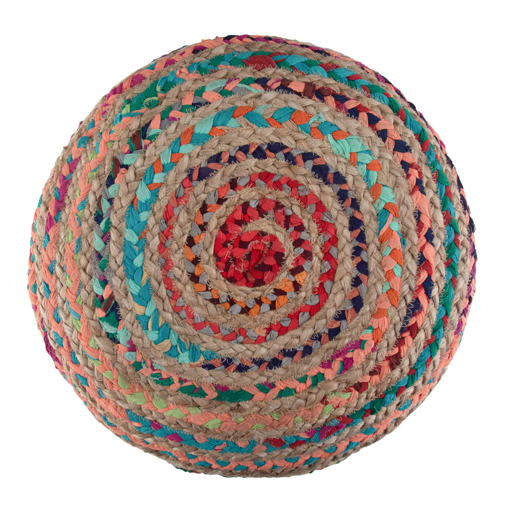 Margo 20 Inch Wide Round Pouf in Multi-Color Handwoven Jute and Cotton