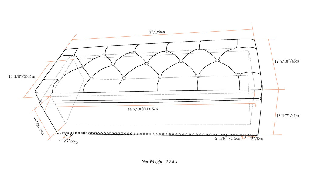 Hamilton 48 Inch Wide Storage Ottoman in Coffee