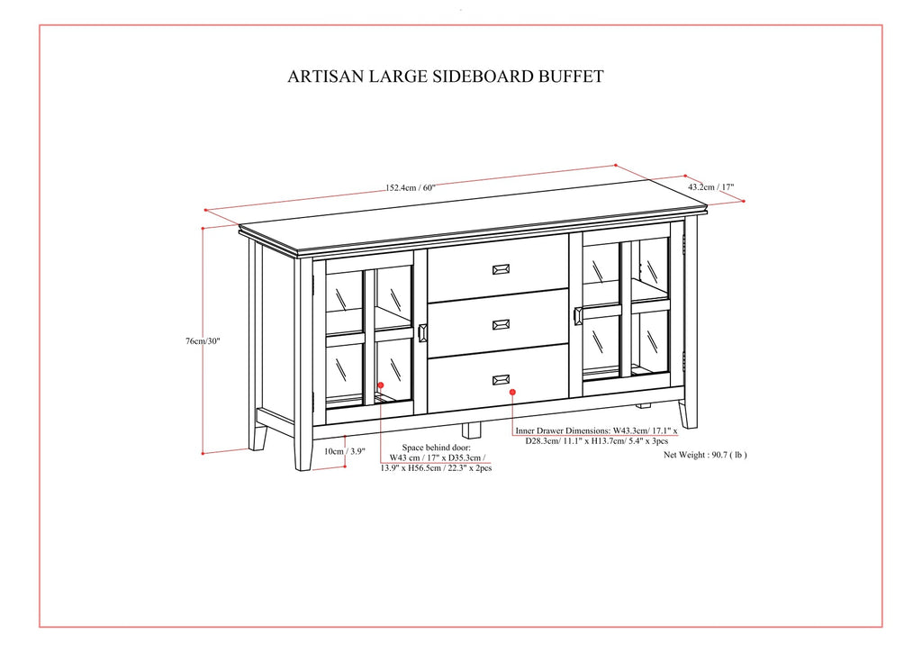 Artisan 60 Inch Wide Solid Wood Large Sideboard Buffet in Russet