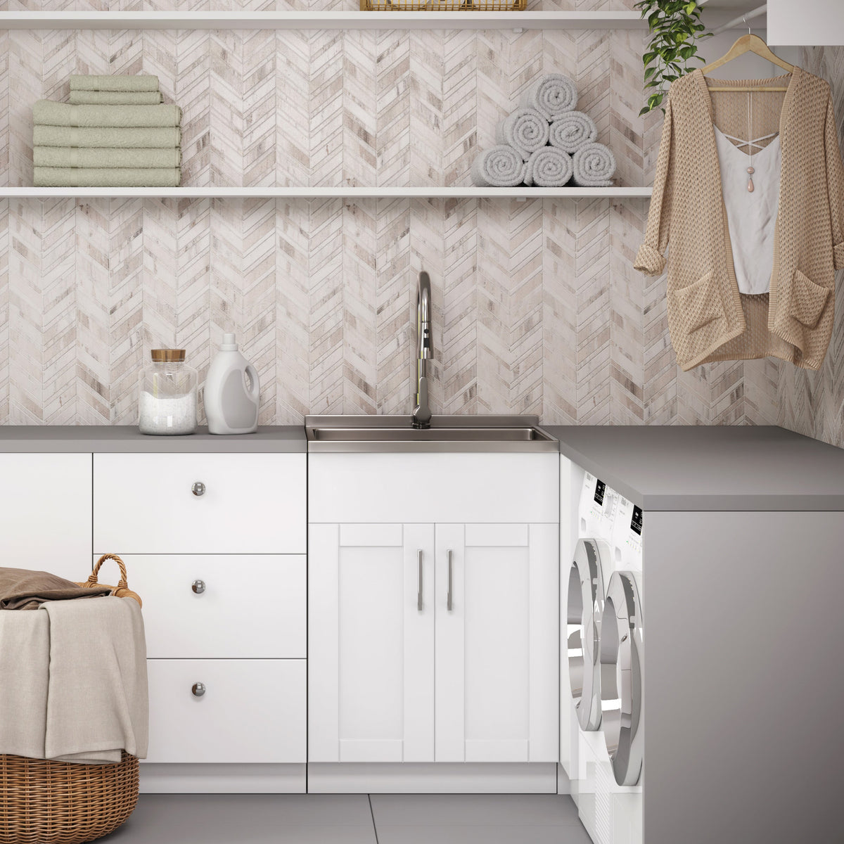 Modern Wide Shaker - 24" Laundry Cabinet with Faucet and Stainless Steel Sink