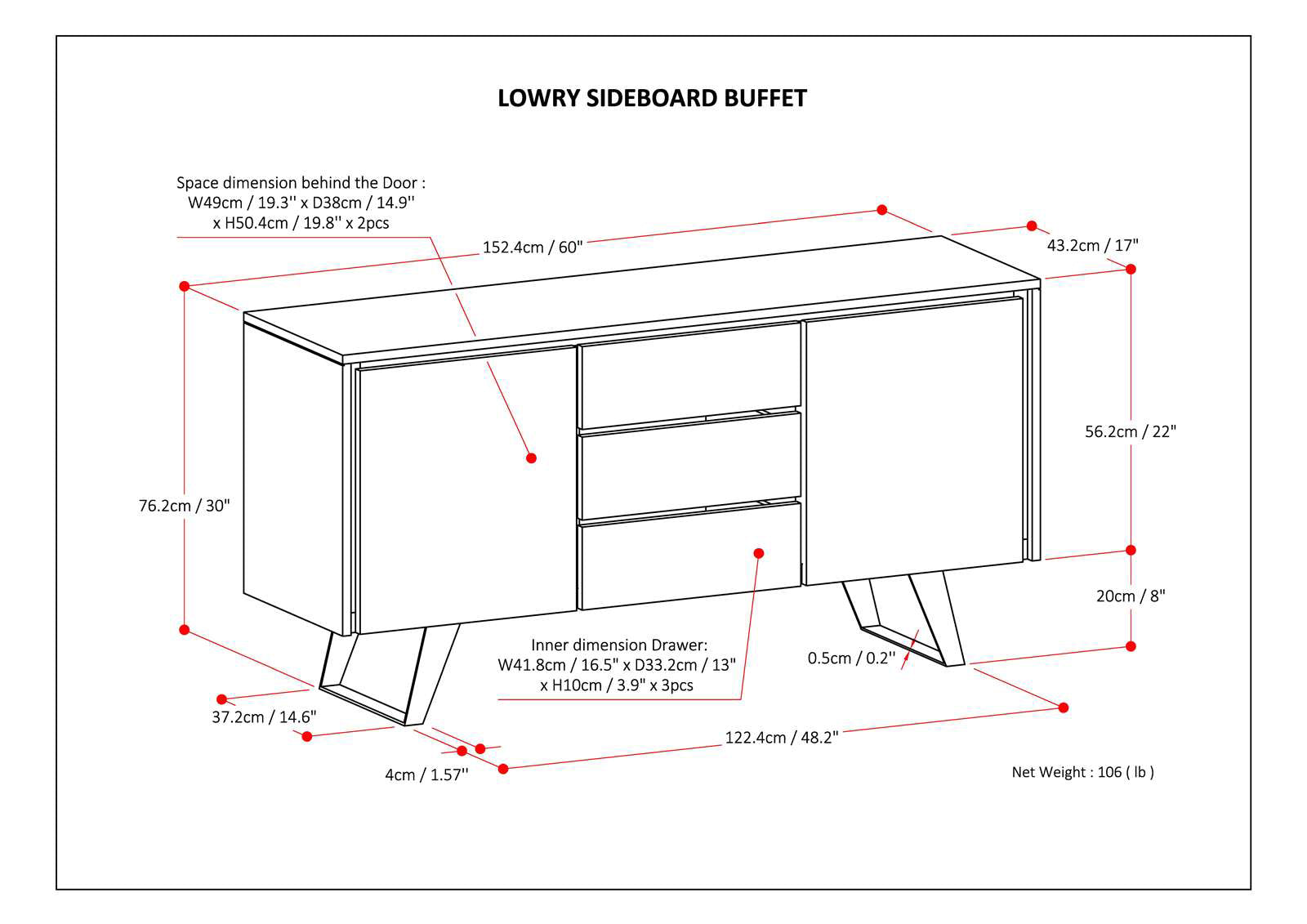 Lowry 60 Inch Wide Solid Acacia Wood Sideboard Buffet
