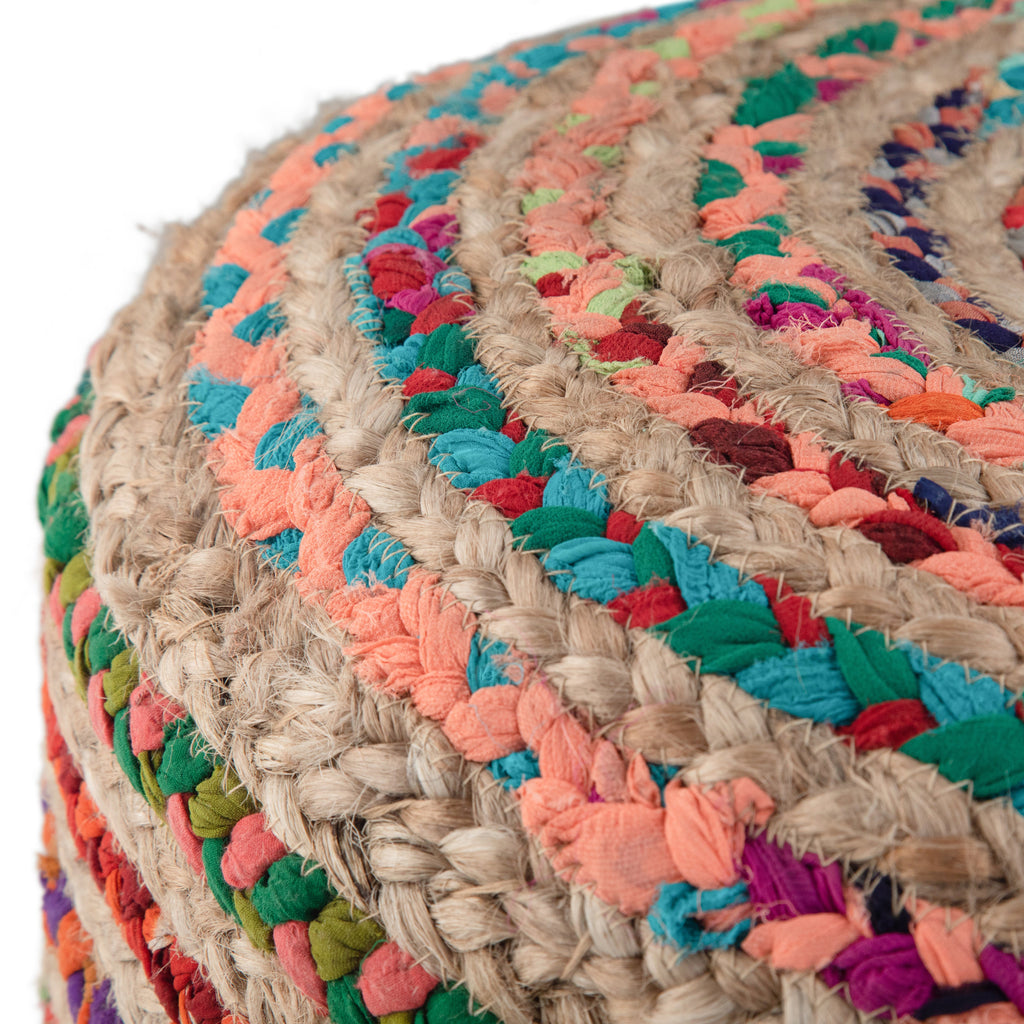Margo 20 Inch Wide Round Pouf in Multi-Color Handwoven Jute and Cotton
