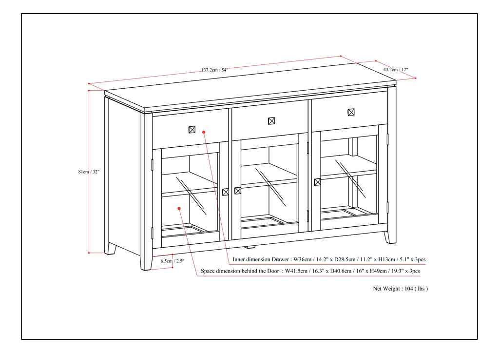 Cosmopolitan 54" Wide Solid Wood Sideboard Buffet in Medium Saddle