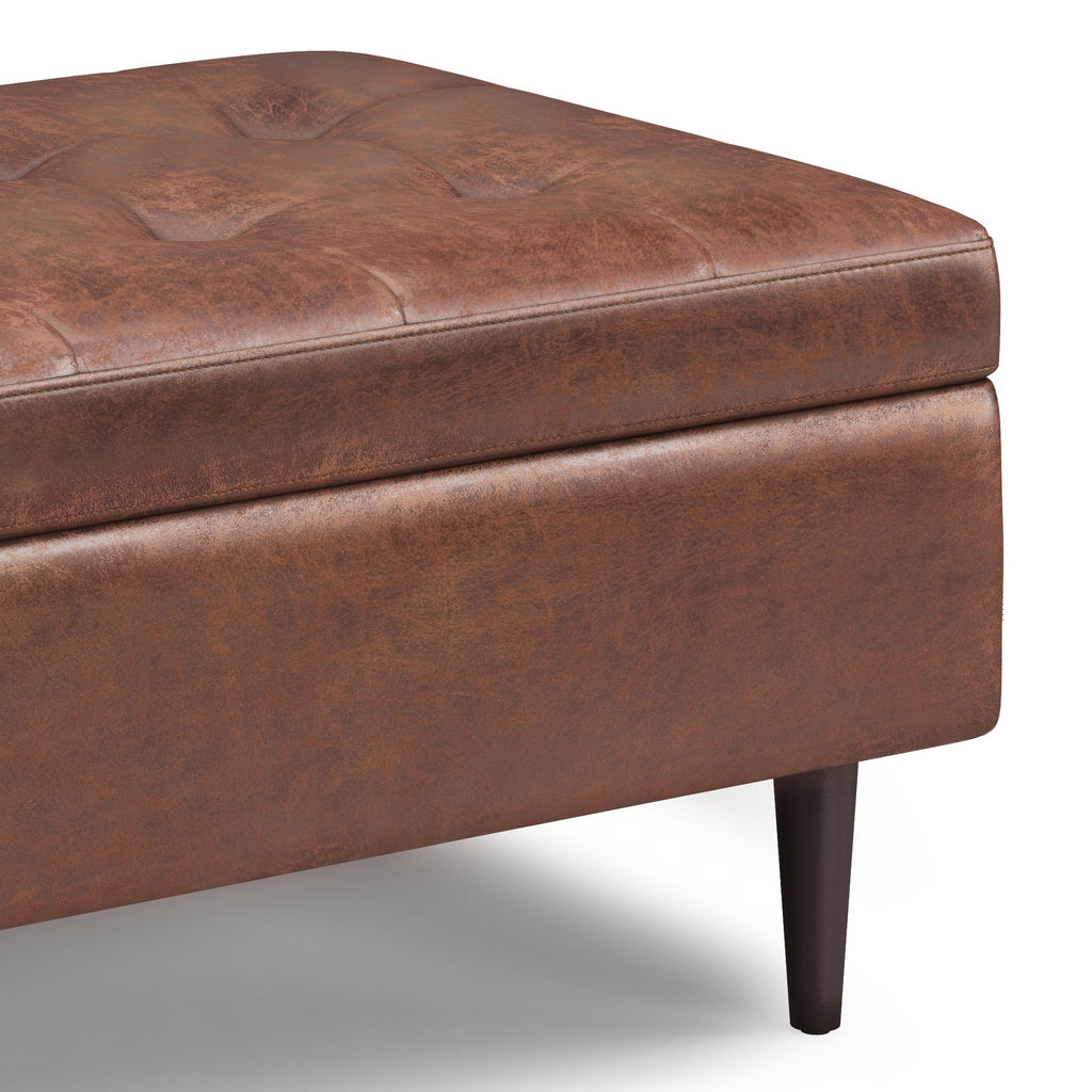Shay 34 Inch Wide Mid-Century Small Coffee Table Storage Ottoman in Distressed Saddle