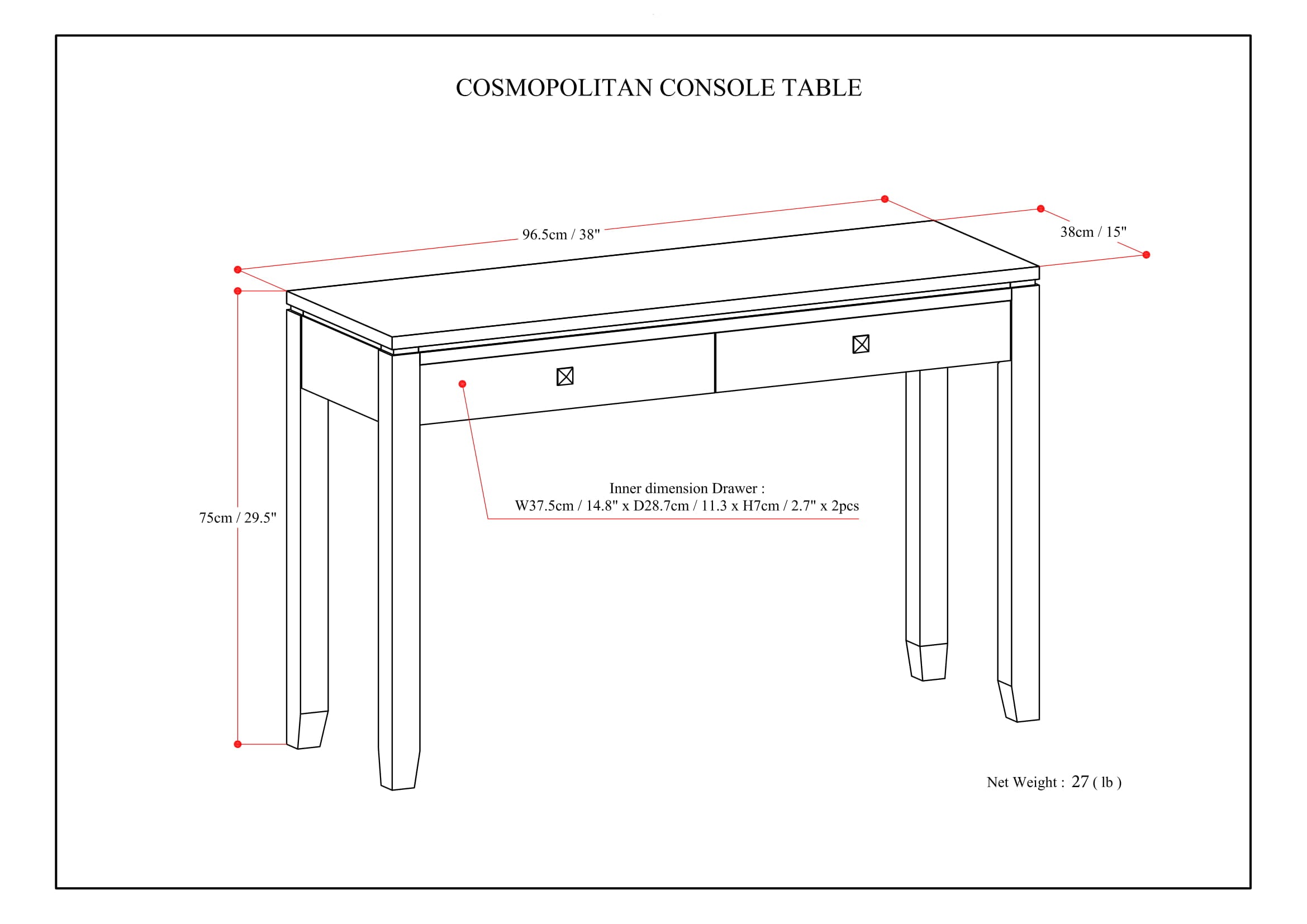 Cosmopolitan 38 Inch Wide Solid Wood Console Sofa Table in Mahogany