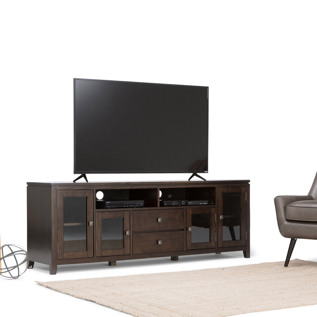 Cosmopolitan 72 Inch Wide Solid Wood TV Stand in Mahogany