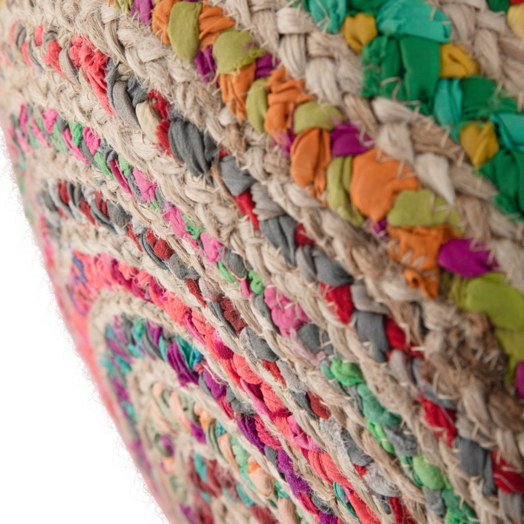 Margo 20 Inch Wide Round Pouf in Multi-Color Handwoven Jute and Cotton