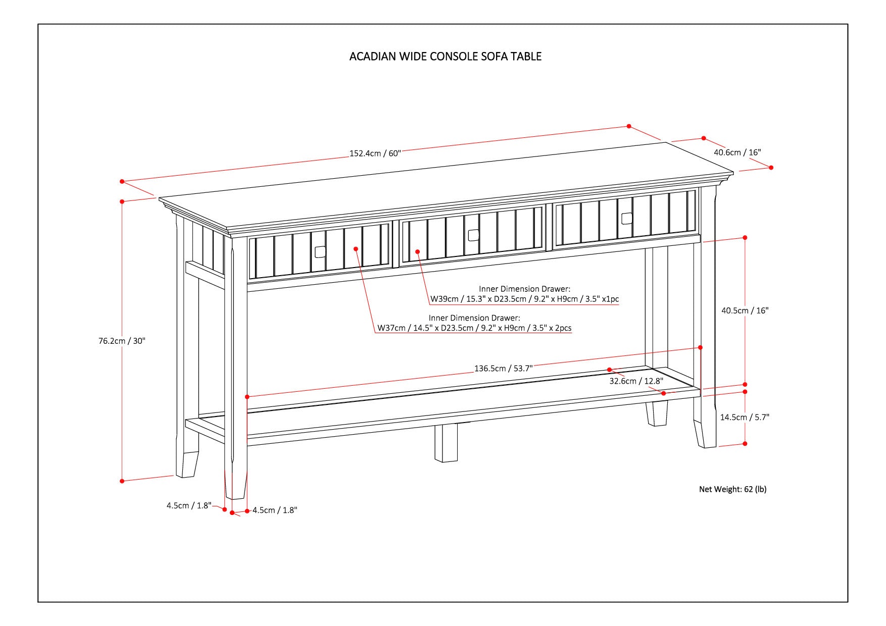 Acadian 60 Inch Wide Solid Wood Console Sofa Table